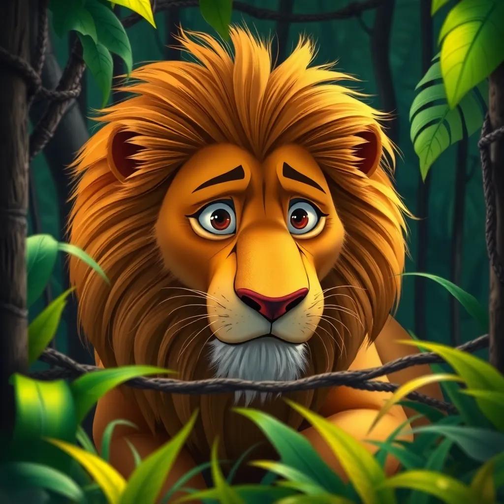 A majestic lion, with a golden mane, looking worried while stuck in a trap, surrounded by a lush green jungle, digital art, vibrant colors, tense atmosphere, high quality