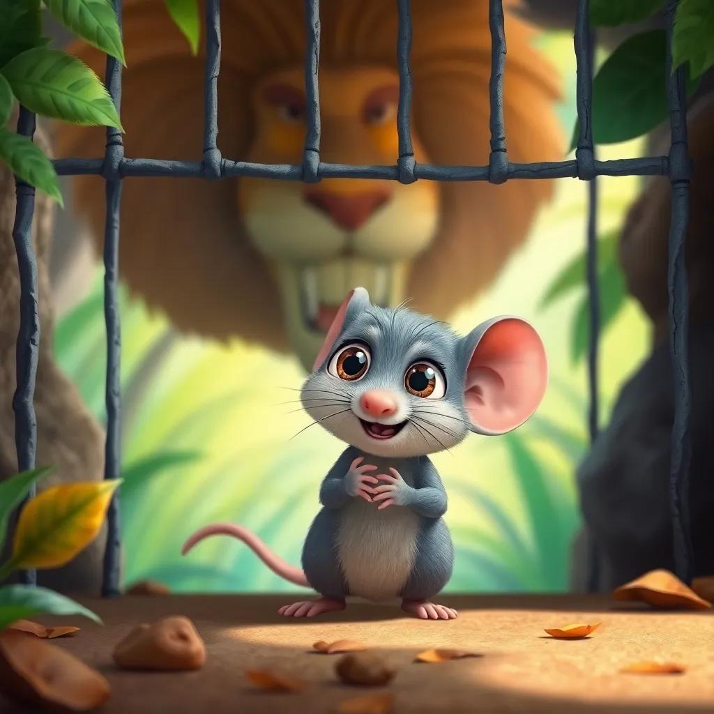 A small mouse, with grey fur and big eyes, cautiously approaching the trapped lion, holding determination on its face, bright jungle background, cheerful colors, hopeful perspective, child-friendly