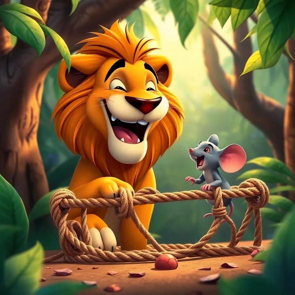 The lion laughing lightly at the mouse, with the trap showing broken ropes and the mouse happily gnawing at them, colorful jungle scene, warm light, uplifting, inviting atmosphere, detailed