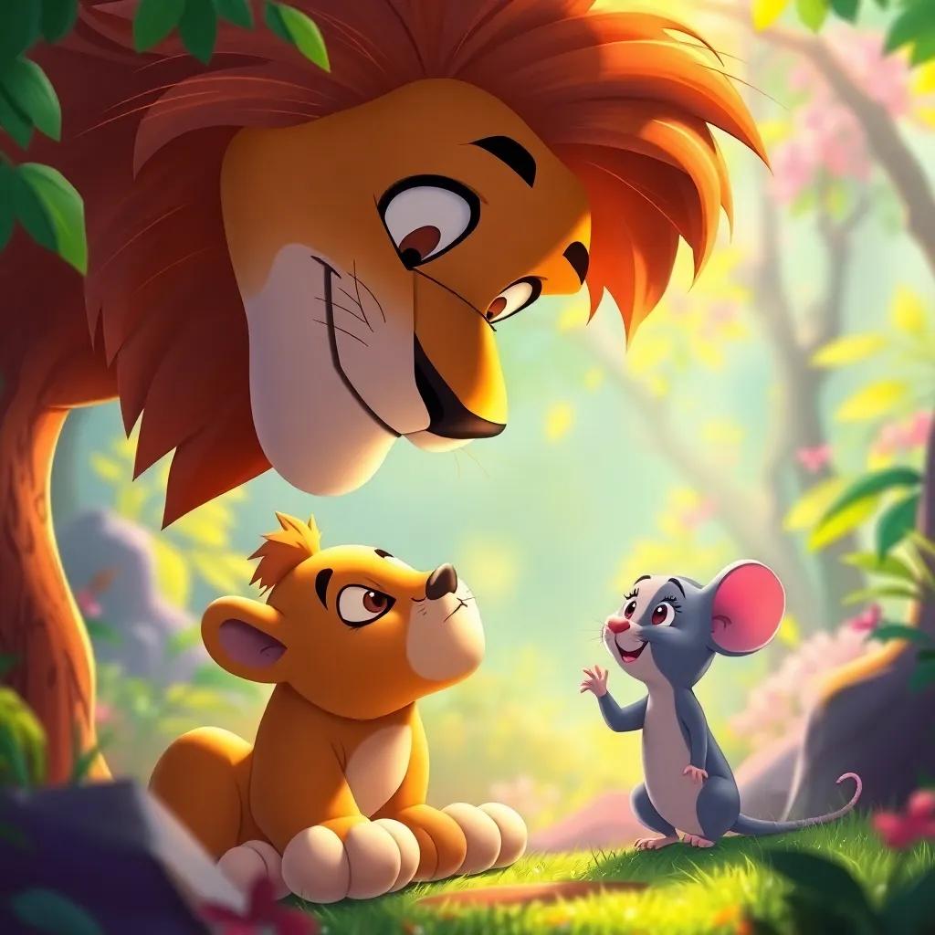 The free lion, astonished and grateful, looking down at the smiling mouse who has set him free, surrounded by an aura of friendship, bright colorful forest, heartwarming, high quality
