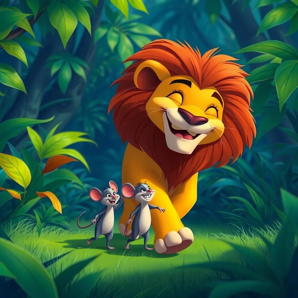 The lion and mouse walking side by side in vibrant jungle, sharing a joyful moment, rich greens and blues, cheerful and carefree atmosphere, delightful