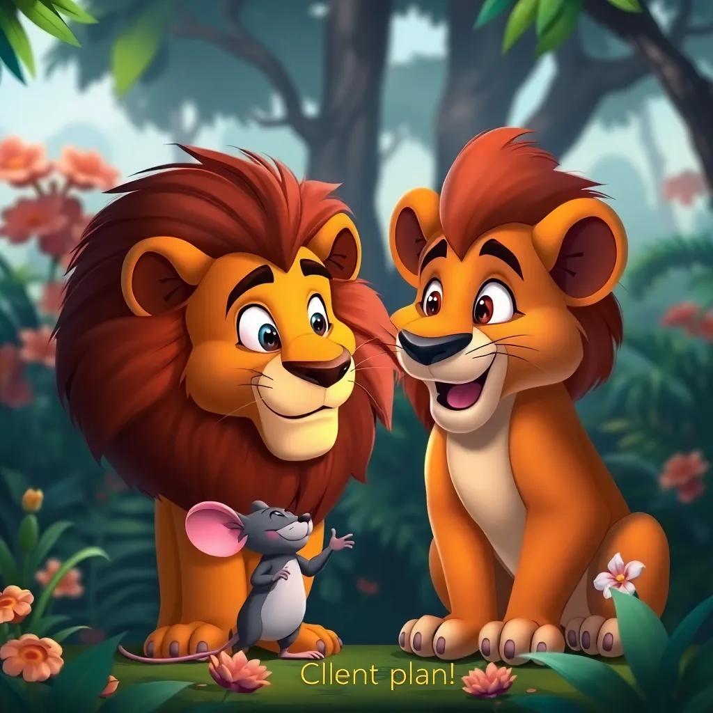 A mouse giving a clever plan to the lion, both focused and determined, jungle background with trees and flowers, vibrant and colorful, encouraging teamwork, friendly scene
