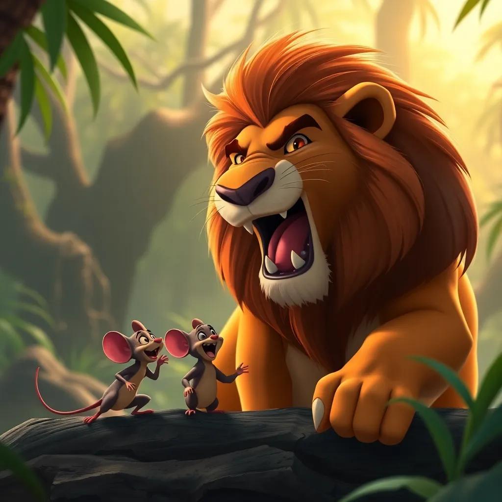 The lion and mouse working together to scare off a hunter, the lion roaring fiercely while the mouse strategizes next to him, dramatic jungle scene, energetic colors, capturing action, high quality