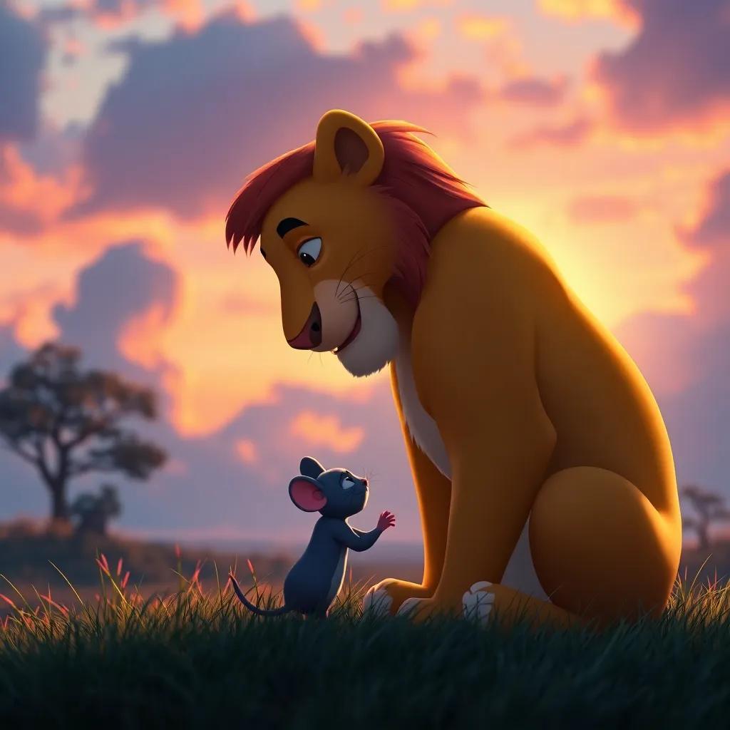 The lion saying goodbye to the mouse as they share a warm hug at sunset, colorful sky reflecting their strong friendship, warm light, heartwarming and touching scene, digital art, beautiful