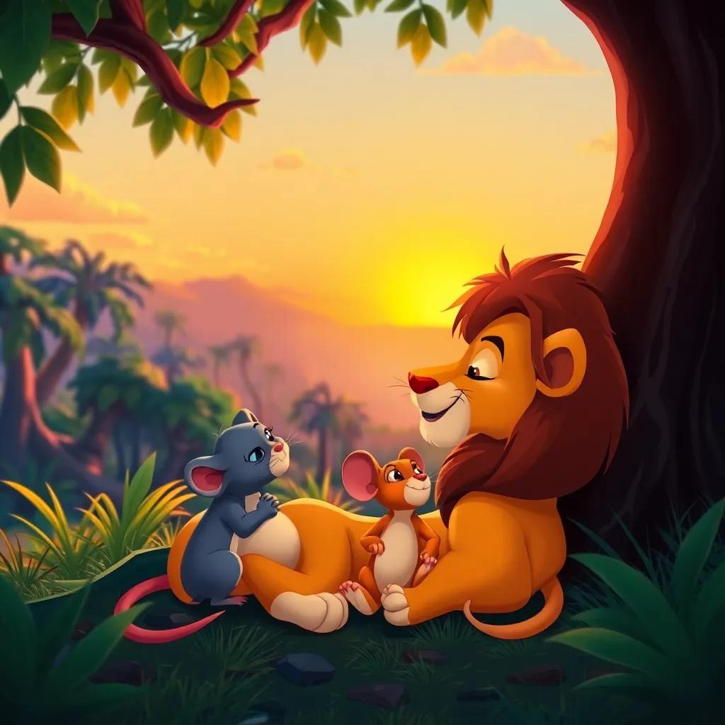 The lion and mouse resting under a tree, looking at the sun setting together, peaceful jungle backdrop, bright colors, serene and joyful atmosphere, high quality