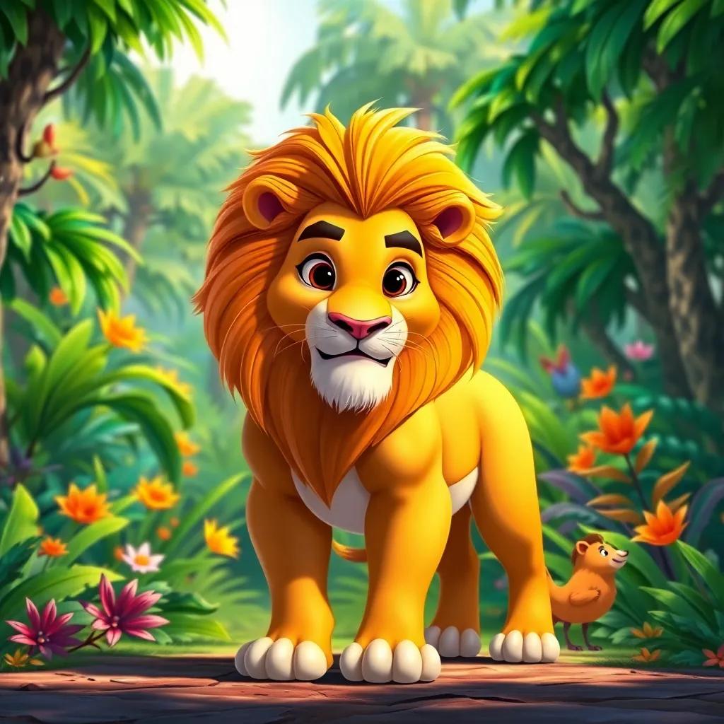 A strong lion, Leo, with golden fur and a majestic mane, standing proudly in a lush green jungle filled with colorful plants and trees, vibrant colors, cheerful atmosphere, high quality