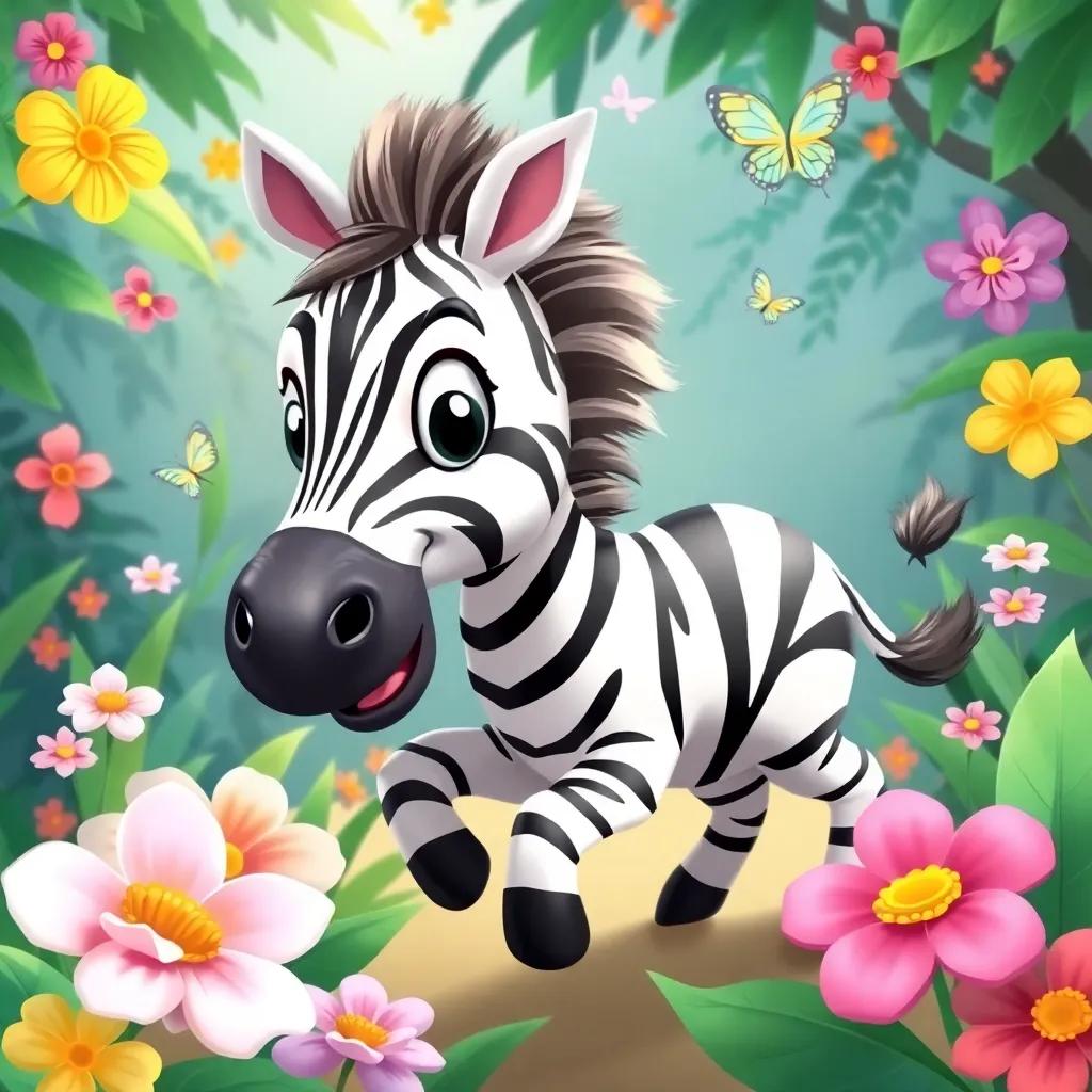 A cheerful zebra, Zara, with black and white stripes, playing in the jungle, surrounded by bright flowers and butterflies, joyful and playful, child-friendly, detailed illustration