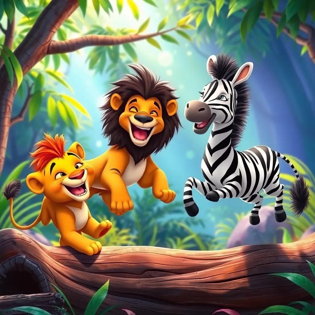 Leo, the lion, and Zara, the zebra, playing together in the jungle, laughing and jumping over logs, colorful scenery filled with light and happiness, fun and engaging, high quality
