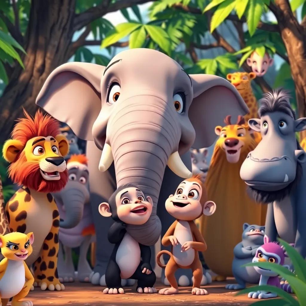 A group of jungle animals watching in surprise, including a big elephant and a small monkey, observing Leo and Zara's friendship, diverse animals in a cheerful setting, colorful, child-friendly