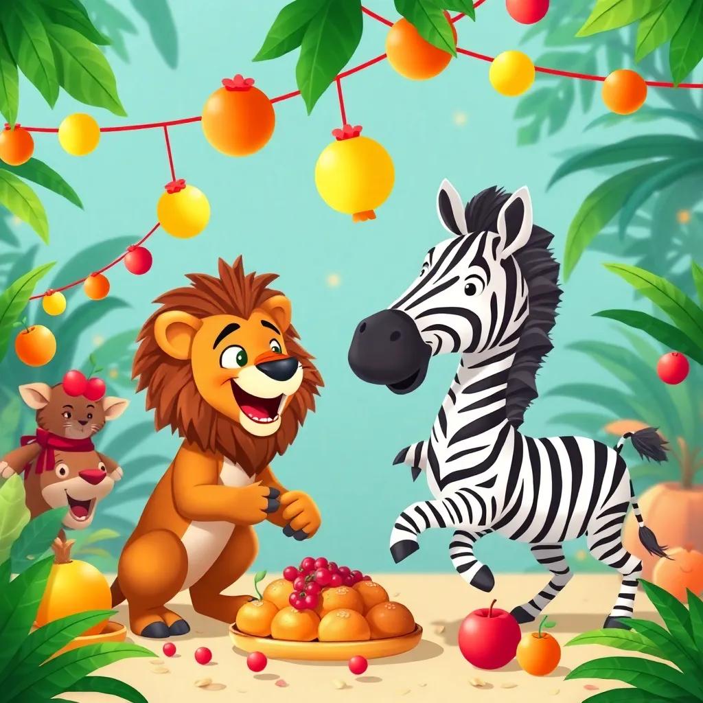 Leo, the lion, and Zara, the zebra, organizing a festive jungle party with fruits, decorations, and music, happy animals dancing together, vibrant colors, joyous atmosphere, high quality