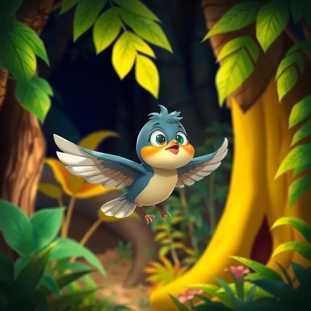 A small bird flying nervously in the jungle, looking around for help with scared expression, surrounded by trees and plants, colorful, child-friendly, detailed illustration