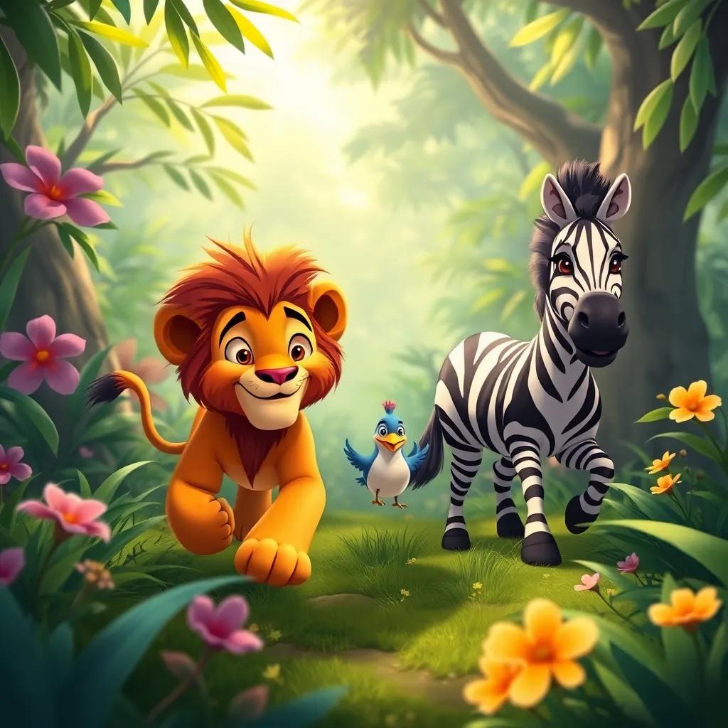 Leo, the lion, and Zara, the zebra, leading a small bird through the jungle, showing them the way back home, vibrant scenery with foliage and flowers, engaging and heartwarming, high quality