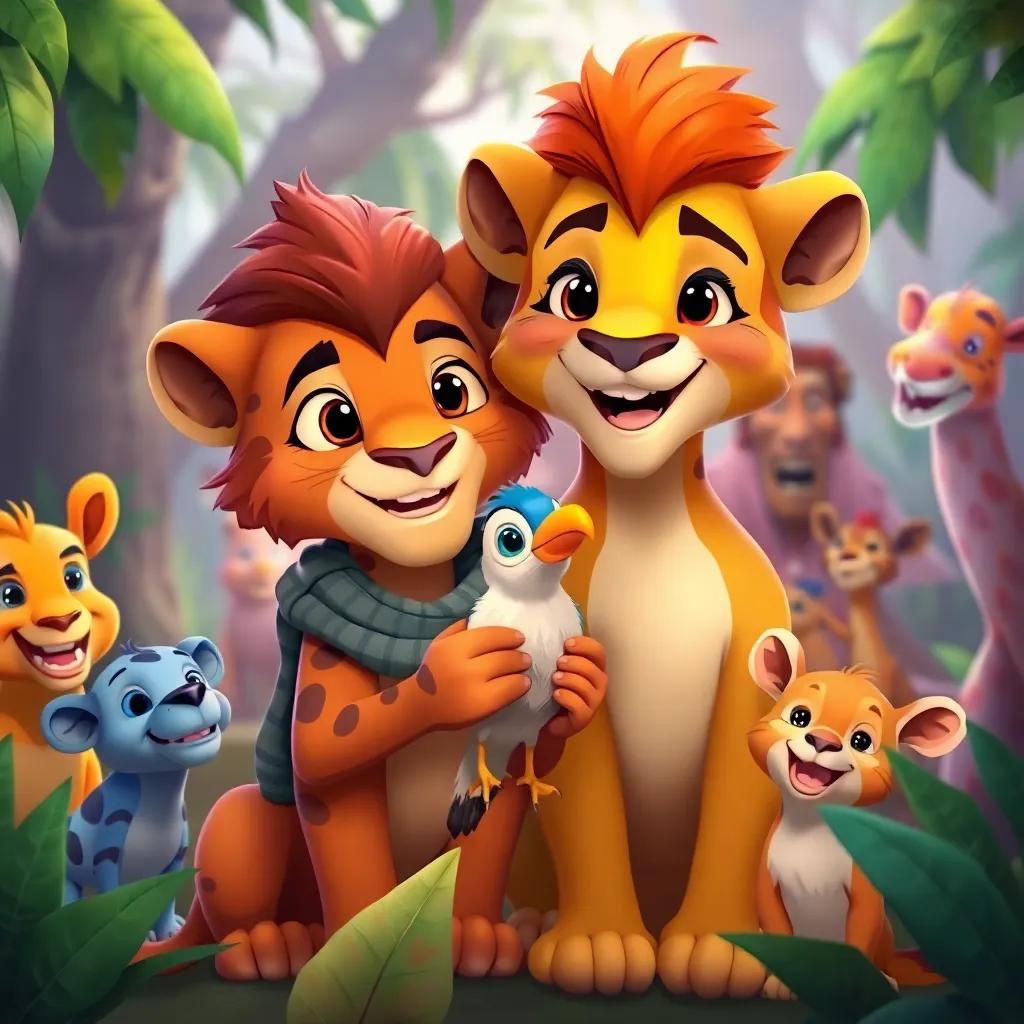 Leo and Zara with the little bird, celebrating the successful return home, surrounded by happy jungle animals, colorful and joyful atmosphere, heartwarming, child-friendly