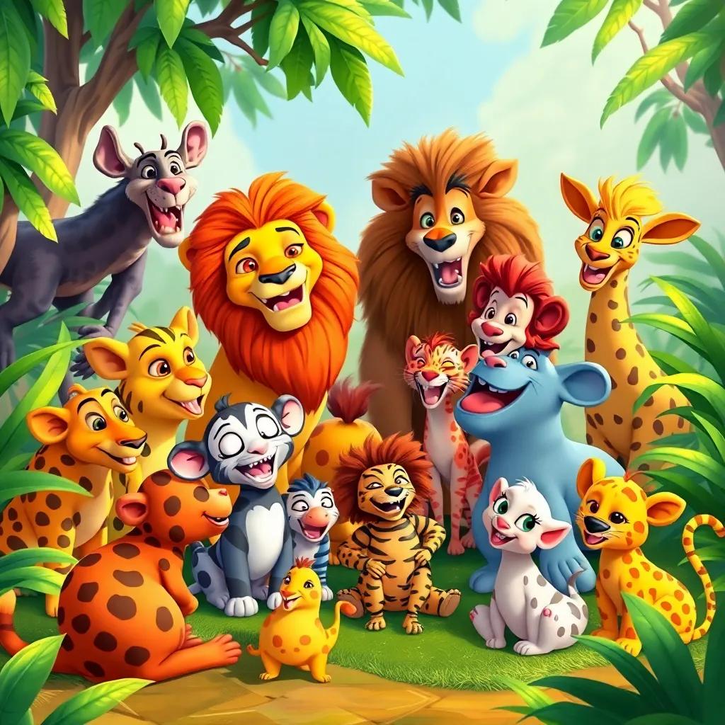 More jungle animals gathering around Leo and Zara, now a big circle of friends enjoying each other's company, lively setting with bright colors, happy and inclusive scene, high quality