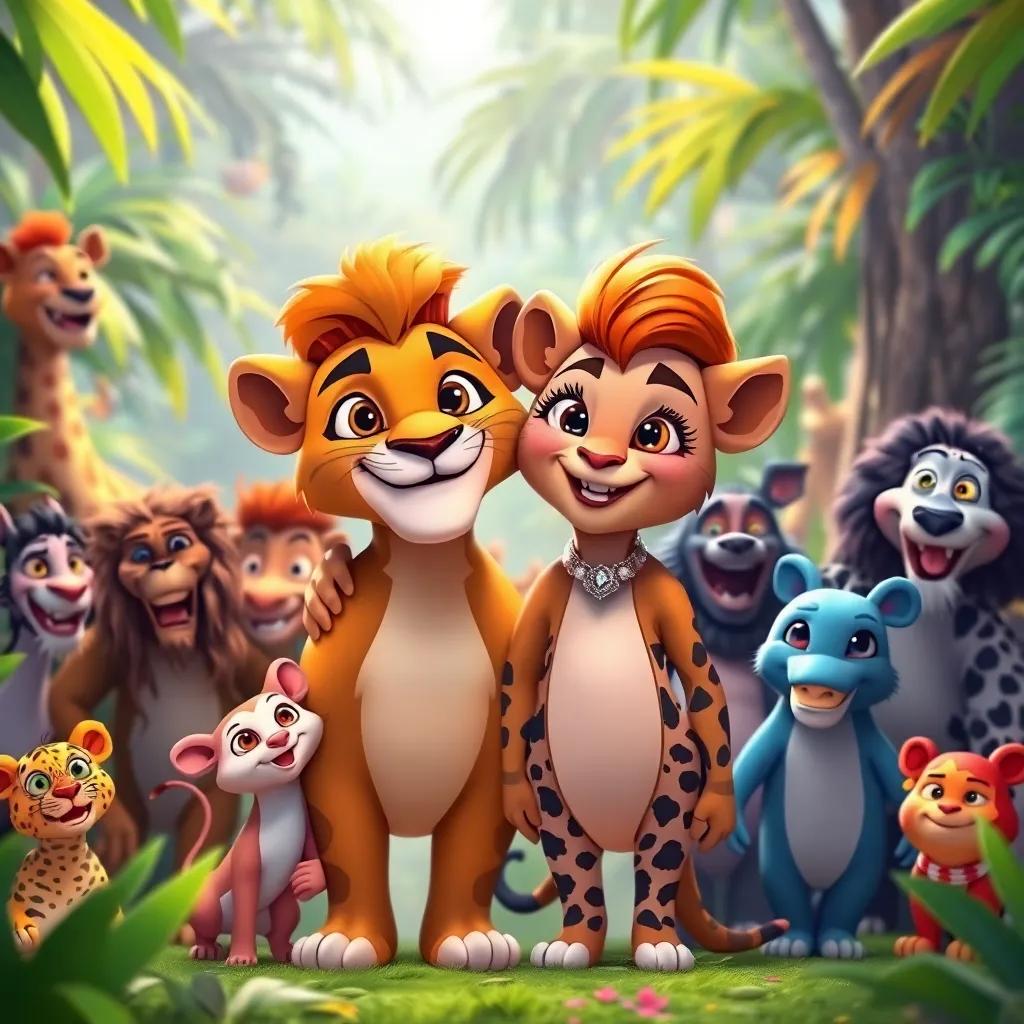 Leo and Zara standing together with eyes full of joy, surrounded by all their friends, displaying unity and friendship, colorful jungle background, uplifting and inspiring atmosphere, high quality