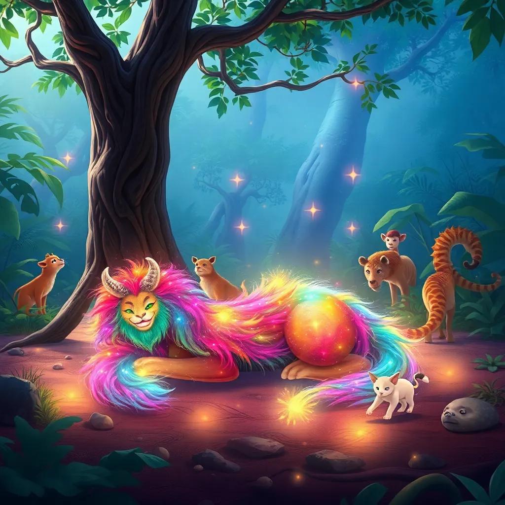 A magical mane glowing with many colors, lying on the ground under a tree in the jungle, mystical energy surrounding it, sight of curious animals peeking at it, illustration, vibrant and enchanting