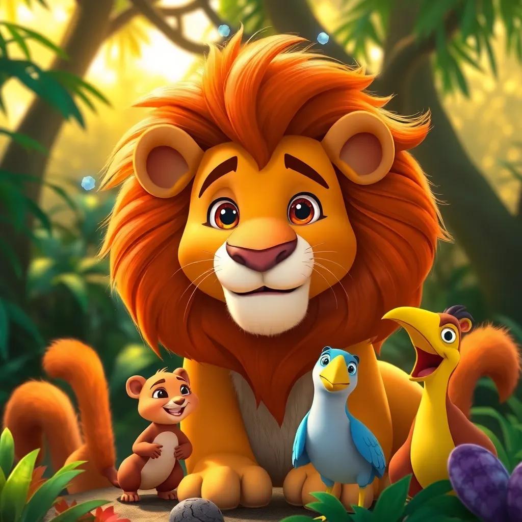 Leo the lion wearing the magical mane on his head, surrounded by various animals like a squirrel and a bird, all animated and happy, detailed scene, colorful, warm sunlight, lush jungle background