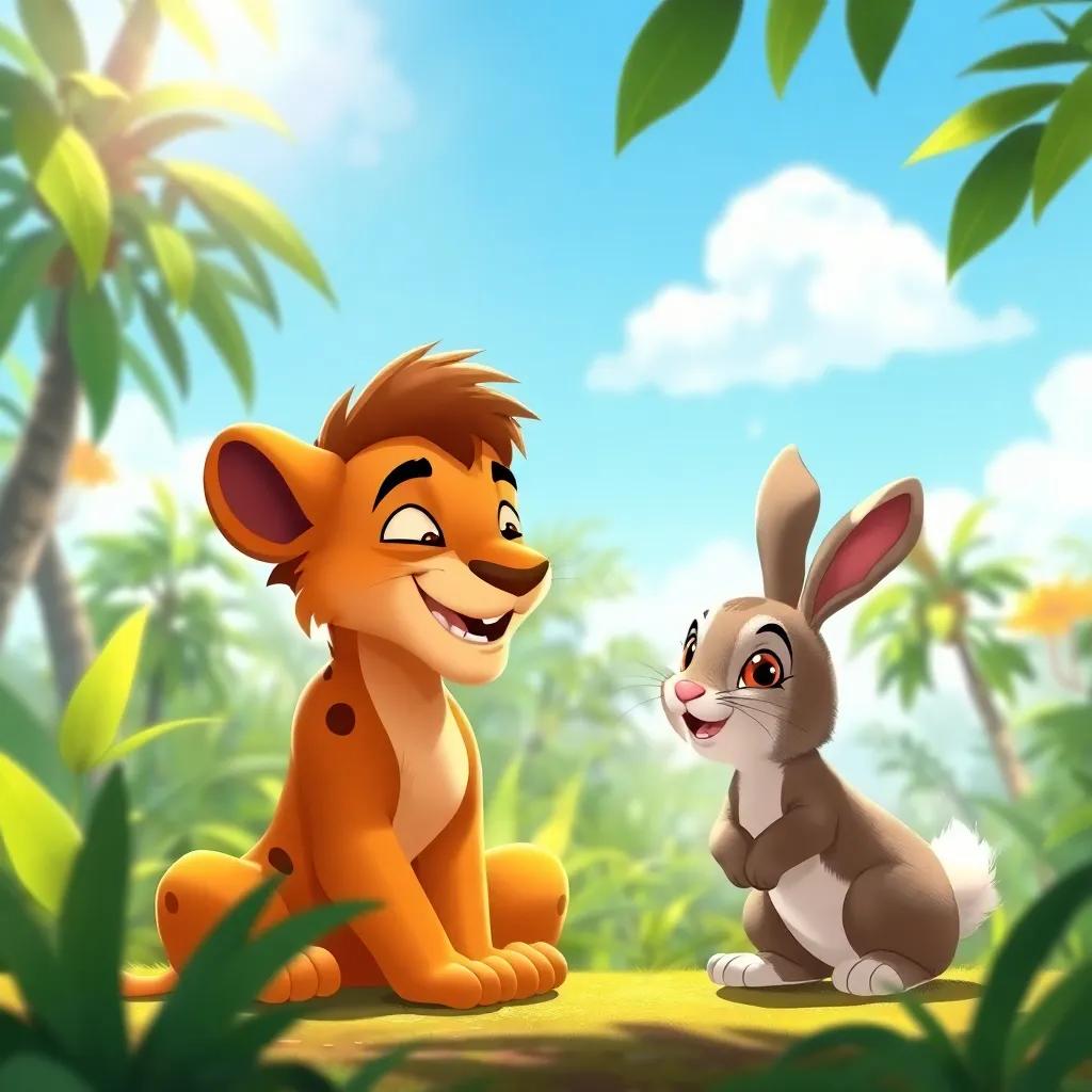 A playful scene where Leo is interacting with the rabbit, who looks scared, Leo comforting him with a warm smile, sunny day in the jungle, heartwarming illustration, lively colors