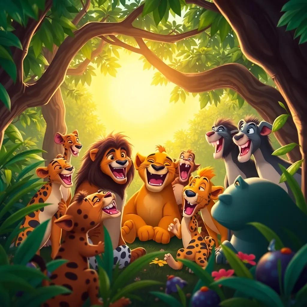 A happy group of jungle animals gathered around Leo, playing and laughing together, with the sun shining through the trees, showing joy and friendship, vibrant and cheerful scenery, detailed artwork