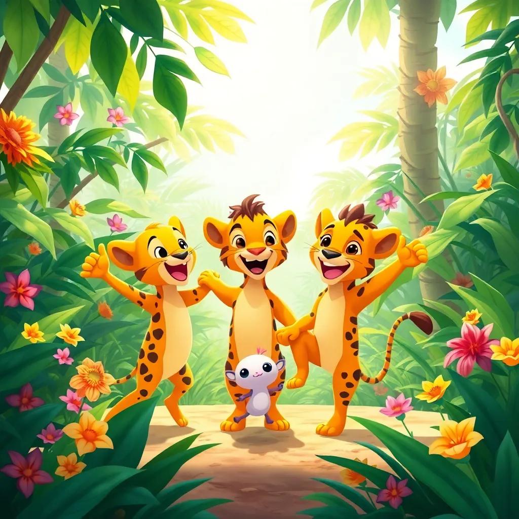 A bright day in the jungle, where Leo and his friends are dancing together, the lush greenery and colorful flowers surrounding them, illustration, joyous atmosphere, playful vibes