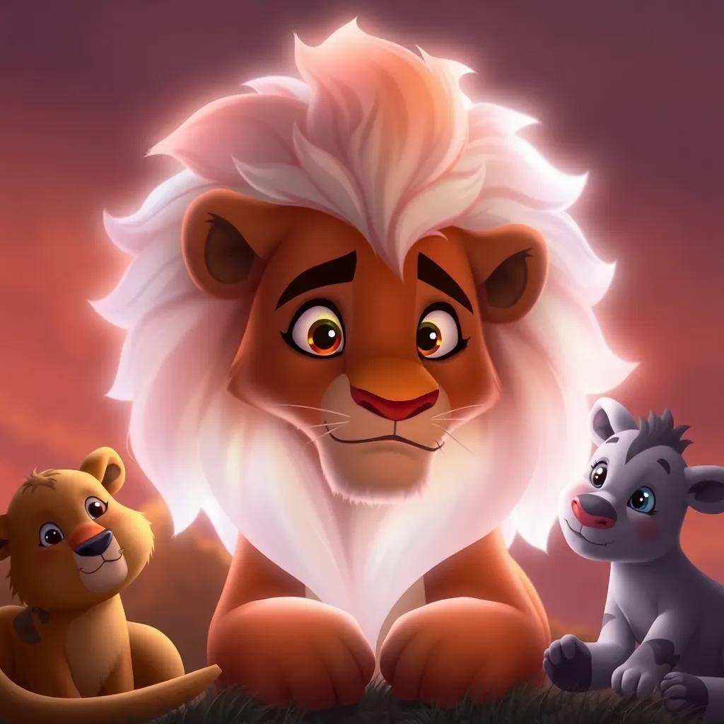 An image of Leos’s glowing mane fading its magical brightness, with Leo looking thoughtful, surrounded by his animal friends who are comforting him, warm tones and a friendly presence, subtle atmosphere