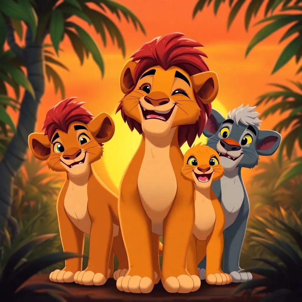 Leo and his friends standing together proudly in the jungle, Leo's mane now plain but with a big smile, conveying contentment and happiness, warm sunset background, uplifting depiction