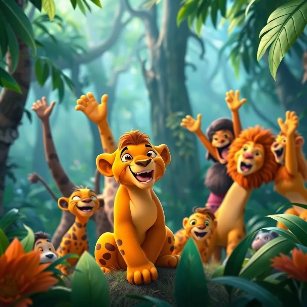 The jungle with Leo's group of friends cheering and playing, a strong sense of community and friendship showcased, bright colors and a magical feel, happy composition, engaging scene
