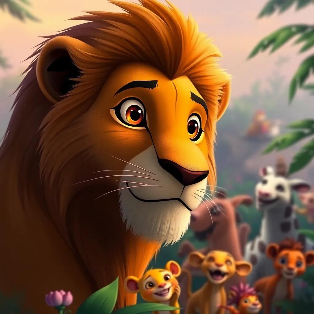 A close-up of Leo the lion, with a gentle and wise expression, looking out over the jungle filled with joyful animals, portraying love and togetherness, serene atmosphere, blend of colors in the background