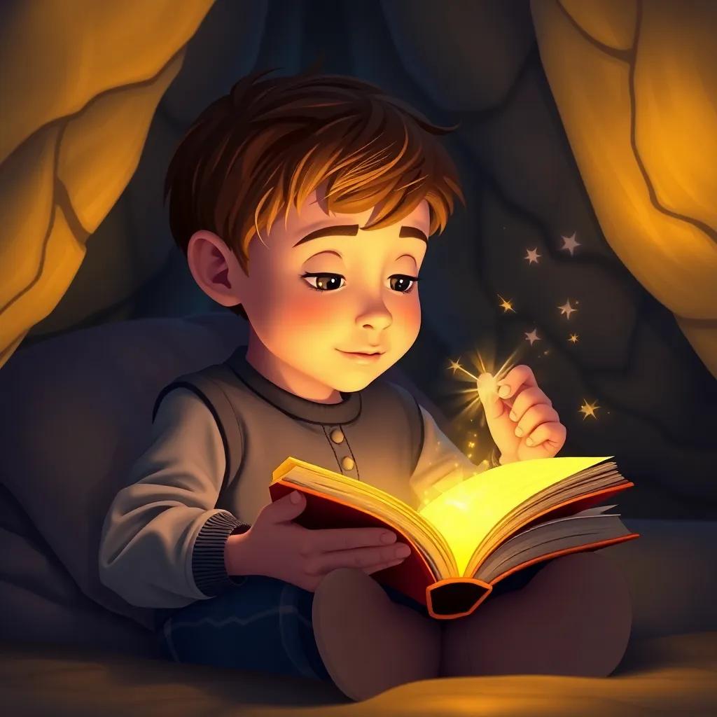 Lucas, un niño como el que sueña, alcanza un libro dorado brillante en una estantería polvorienta, luz mágica que emana del libro, perspectiva cercana, ilustración encantadora