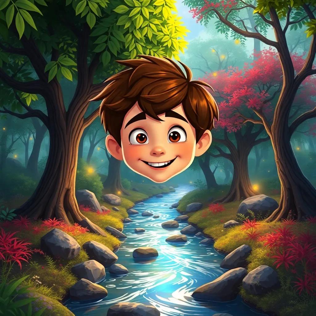 Lucas, un niño con risa contagiosa, en un bosque mágico rodeado de árboles que hablan y un río que canta, con colores vibrantes, un paisaje asombroso, arte digital, estilo ilustrativo