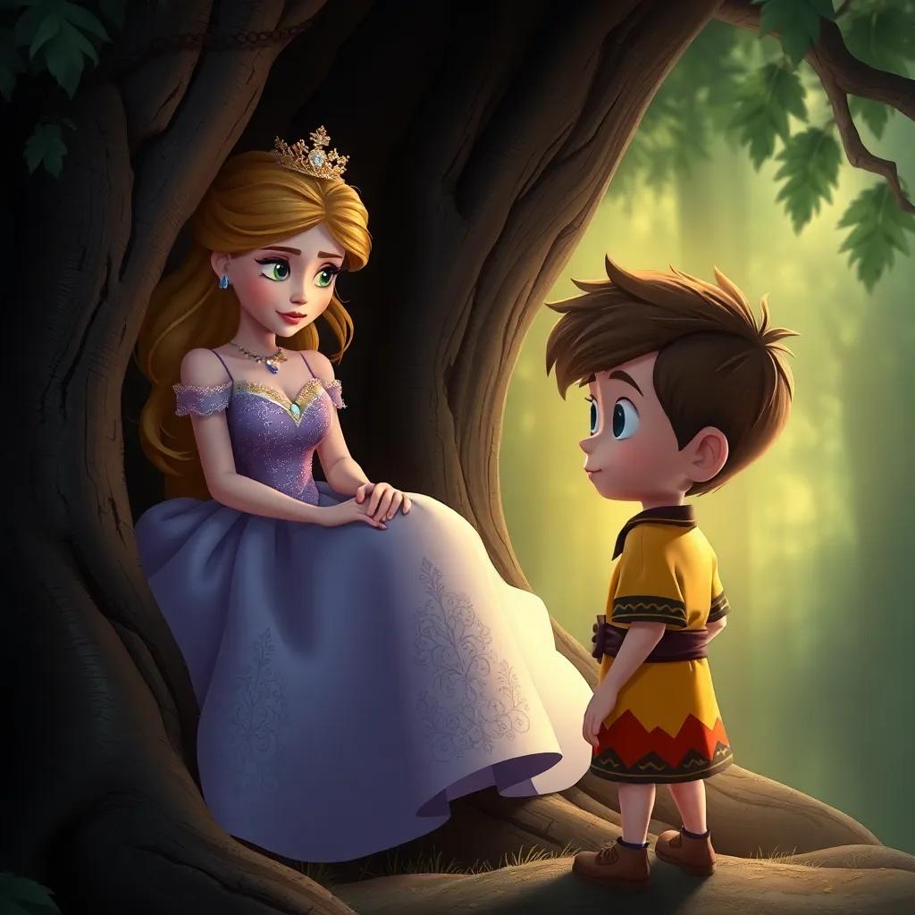 Una princesa triste, con un vestido de gala, sentada en un tronco mientras Lucas, un niño curioso, se acerca, bajo una luz tenue, ilustración mágica.