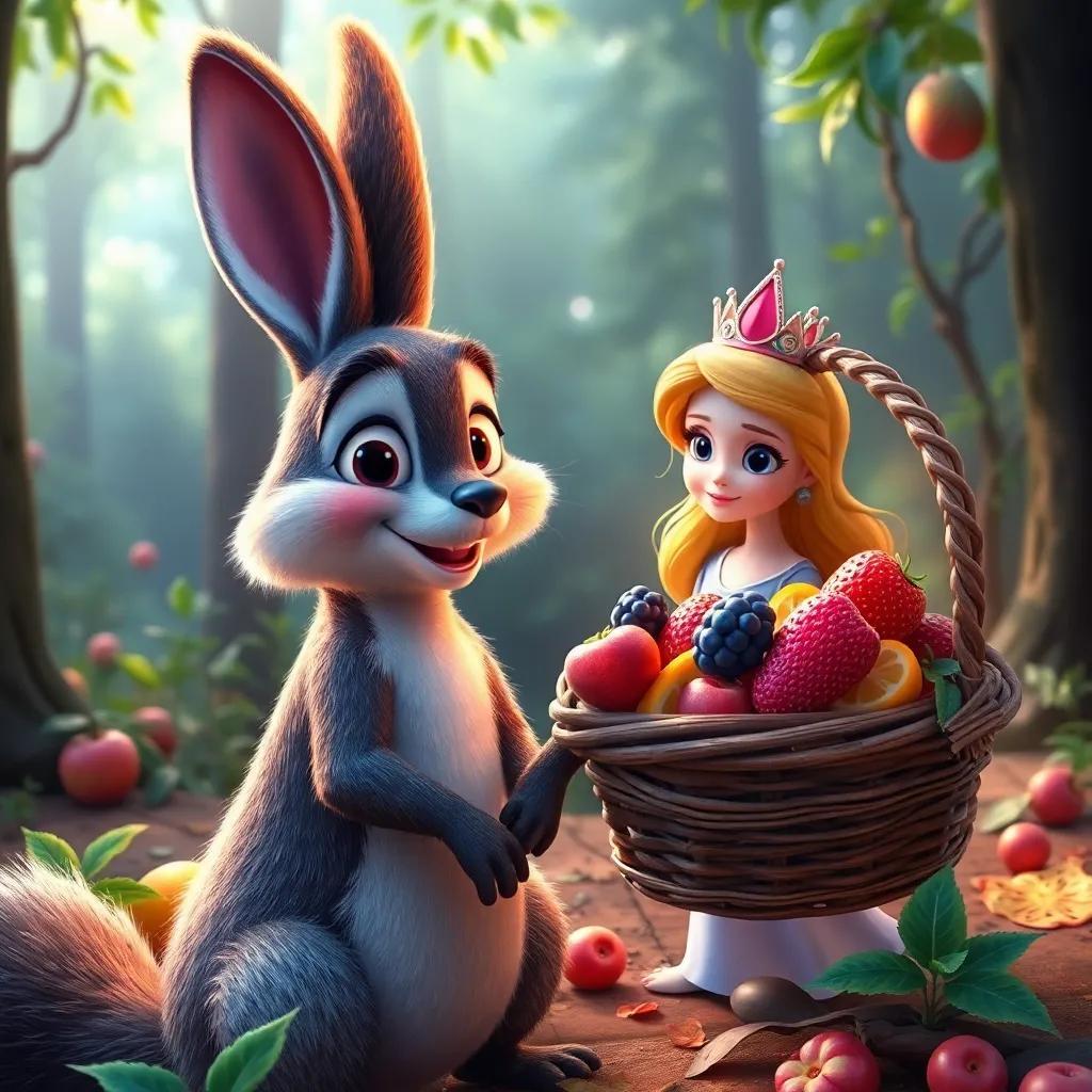 Un conejo curioso, con ojos grandes y una cesta llena de frutas coloridas, compartiendo su ayuda con Lucas y la princesa en el bosque, vista alegre, arte digital lleno de color