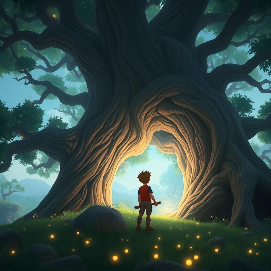 Un antiguo árbol grande y majestuoso, bajo el cual Lucas encuentra un destello de oro en el suelo, envolturas de luz mágica, perspectiva amplia, ilustración de aventura