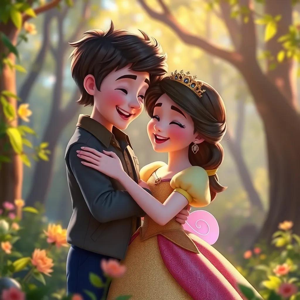 La princesa sonriendo y agradeciendo a Lucas, un abrazo lleno de alegría en un bosque brillante, colores cálidos, ambiente feliz, arte digital encantador