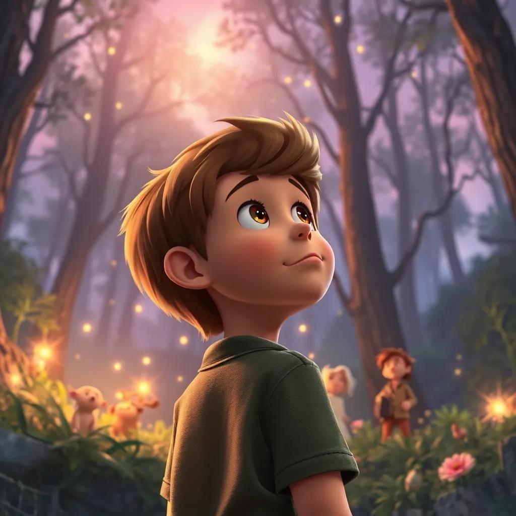 Lucas, mirando al cielo y pronunciando palabras mágicas en el bosque, con los personajes de cuentos detrás de él sonriendo y brillando, perspectiva cercana, ilustración mágica