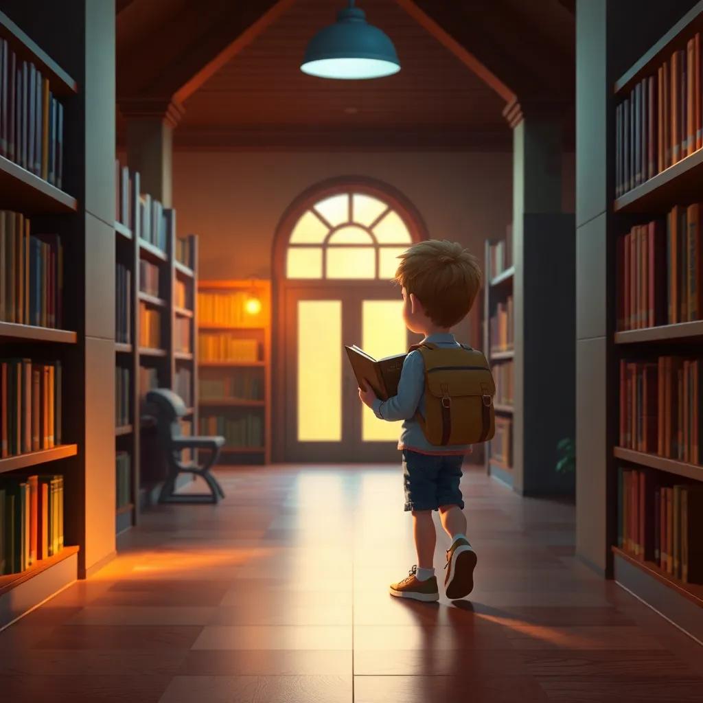 Lucas regresando a la biblioteca con el libro dorado antes de cerrarse, con una luz suave y el maestro sonriendo, ambiente acogedor, alta calidad, arte digital final
