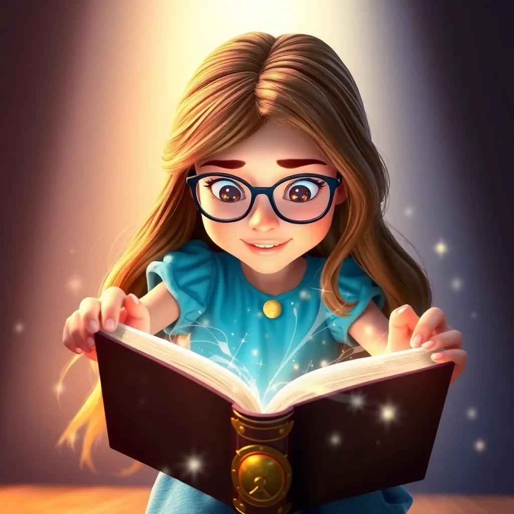 Sara, a young girl with long brown hair, wearing a blue dress and glasses, struggles to open a magical book with a golden lock, in a glow of light around, depicting her determination, bright colors, dynamic perspective, high quality