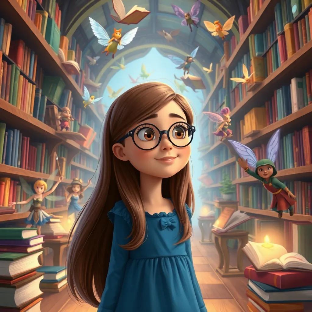 Sara, a young girl with long brown hair in a blue dress and glasses, finds herself in a magical library filled with floating books and lively characters, like dancing fairies and brave warriors, vibrant colors, whimsical feeling, high quality