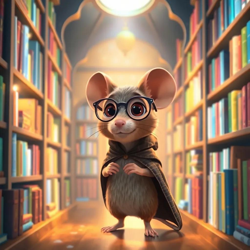 A small mouse librarian, wearing glasses and a tiny cloak, guiding Sara through a bright magical library, shelves overflowing with colorful stories, warm light, lively scene, enchanted quality, high quality