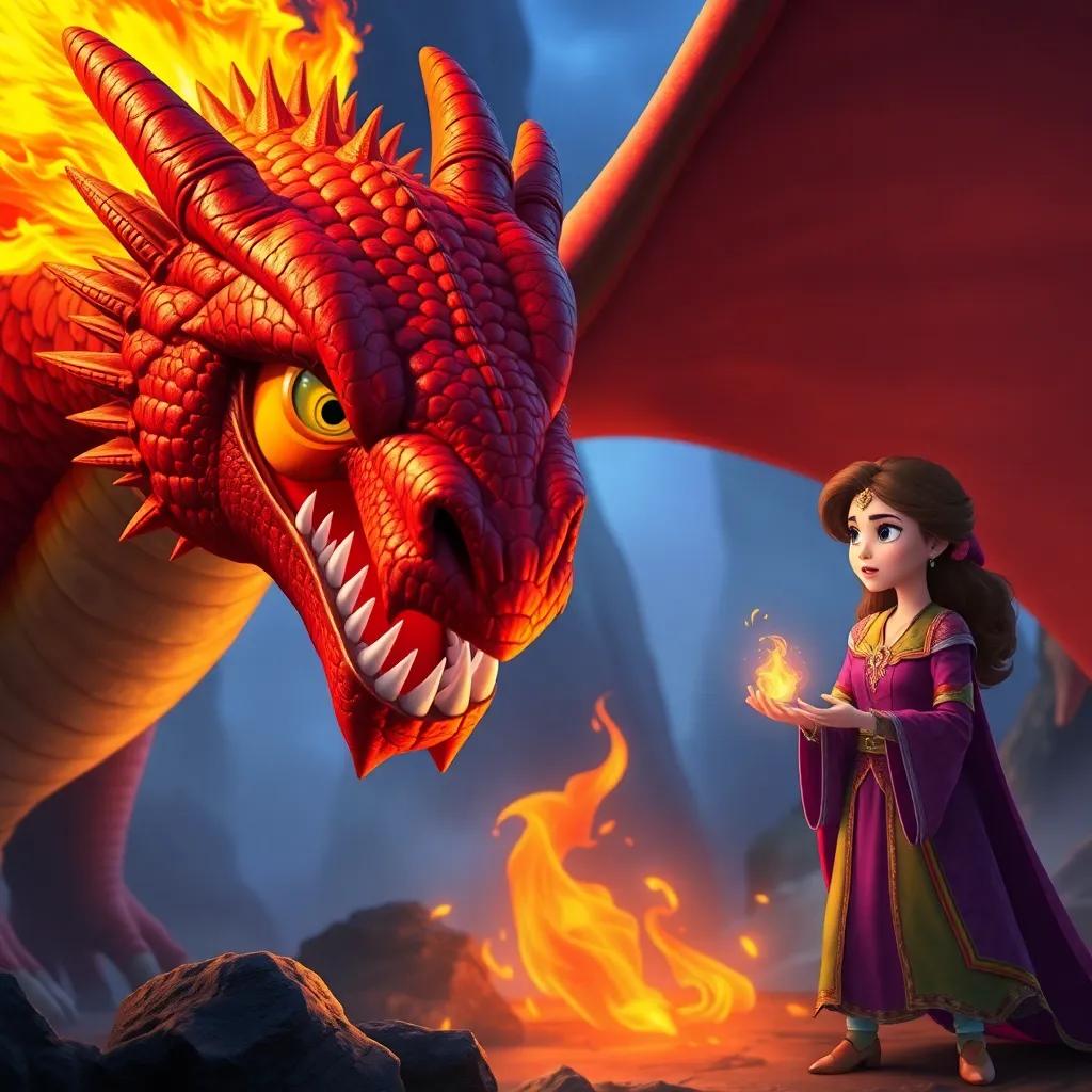 A fierce dragon with bright scales blowing fire and looking surprised as Sara confidently recites a spell to calm it, intriguing environment, fantasy colors, bold perspective, high quality