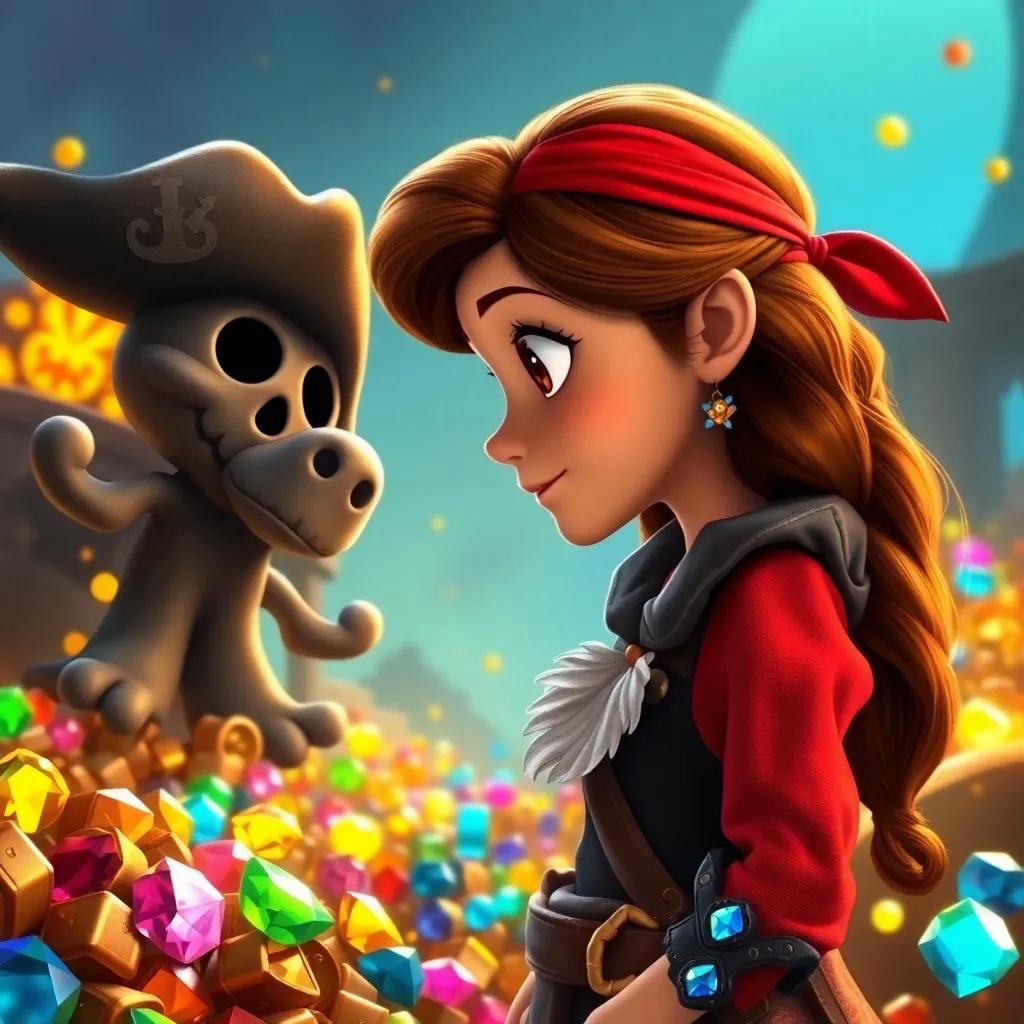 Sara, a young girl with long brown hair, confidently facing a playful pirate amidst treasure piles, colorful jewels sparkling, adventurous vibe, detailed surroundings, high quality