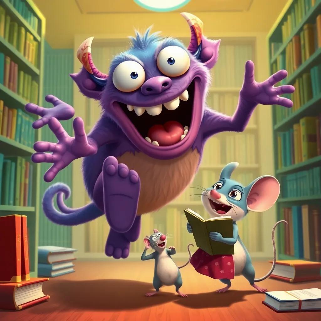 A mischievous monster jumping around Sara and the mouse librarian, laughing and causing chaos in the library, vibrant colors and whimsical expressions, energetic, high quality