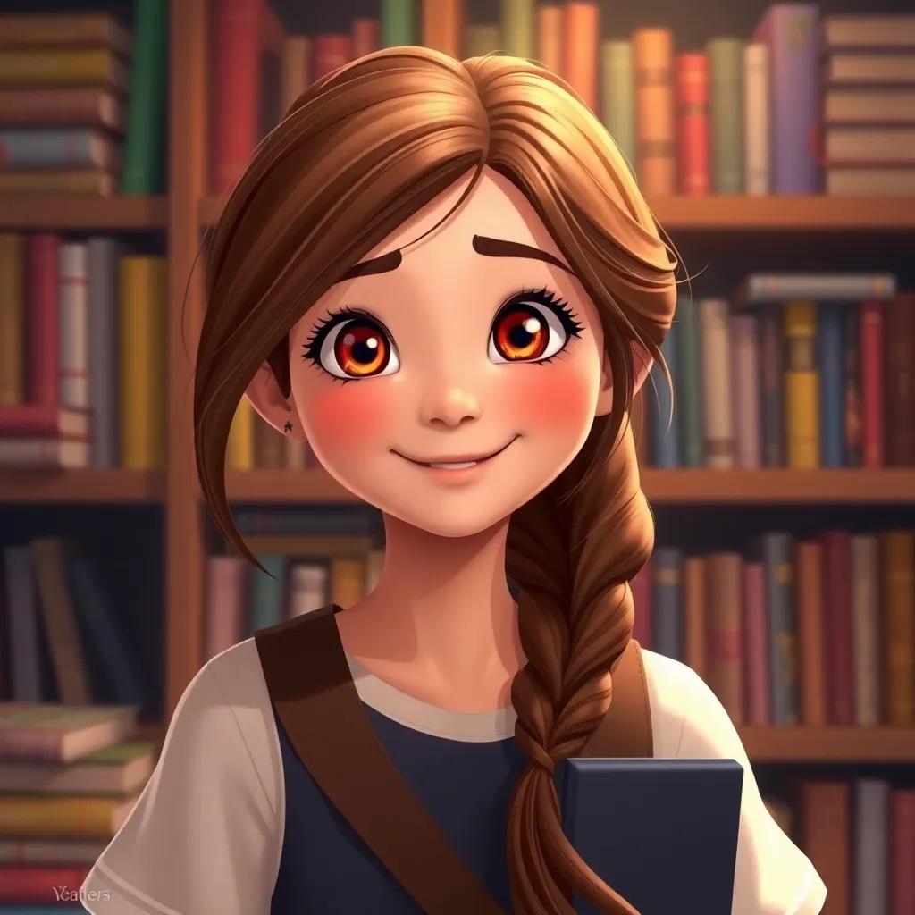Sara, a young girl with long brown hair, returning to the real world, her eyes sparkling with adventure, shelves of colorful books behind her, warm colors, joyful atmosphere, high quality