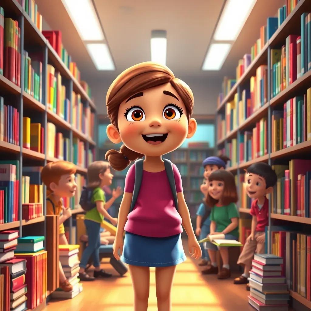 A bright scene of Sara standing excitedly in the school library, filled with colorful books and friends around her, a warm glow, a joyous atmosphere, high quality