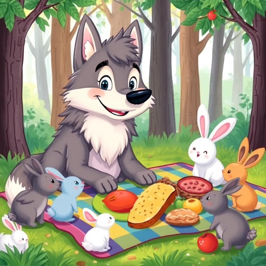 A friendly wolf, Lobo, with a warm smile, having a picnic in the forest with fruits and bread laid on a colorful blanket while animals like rabbits and birds gather around, cheerful, vibrant scene, heartwarming, high quality