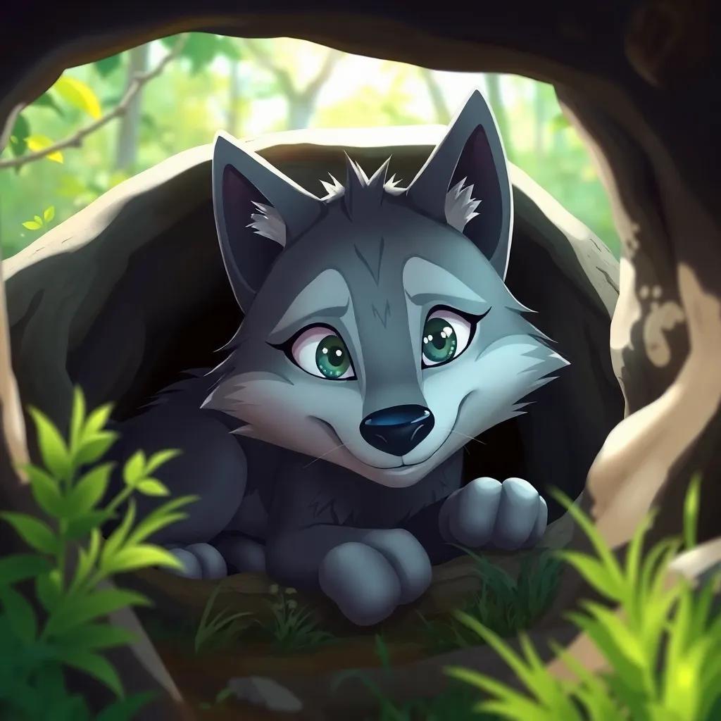 Lucho, un lobo fuerte con pelaje gris y ojos brillantes, despertando en su cueva en un bosque verde y soleado, digital art, bright colors, lively atmosphere, high quality