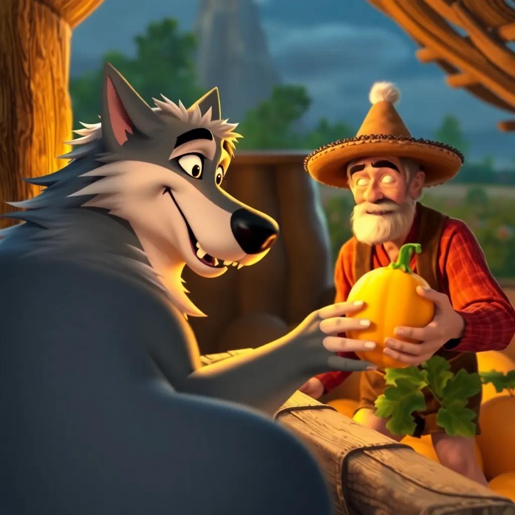 Lucho, un lobo fuerte con pelaje gris, ayudando a Don Pedro, un granjero anciano con sombrero de paja, en la granja, levantando una calabaza, digital art, detailed, warm light, engaging scenery