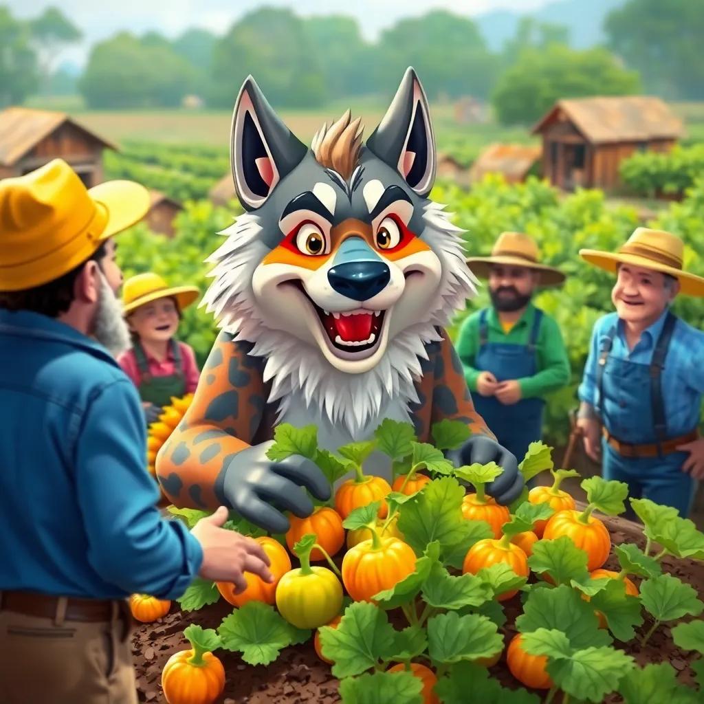 Lucho, el lobo fuerte, recogiendo hortalizas en la granja, con varios granjeros mirándolo con sorpresa, gran ambiente de cooperación, digital illustration, colorful, cheerful