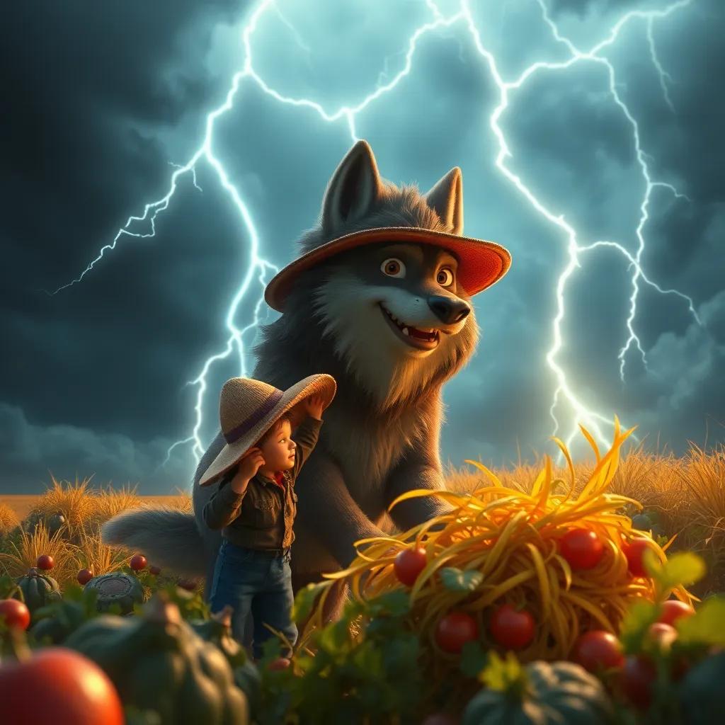 Lucho, el lobo, en medio de una tormenta, ayudando a los granjeros a juntar las hortalizas, granjero preocupado con su sombrero, digital art, dynamic scene, dramatic skies, heroic focus