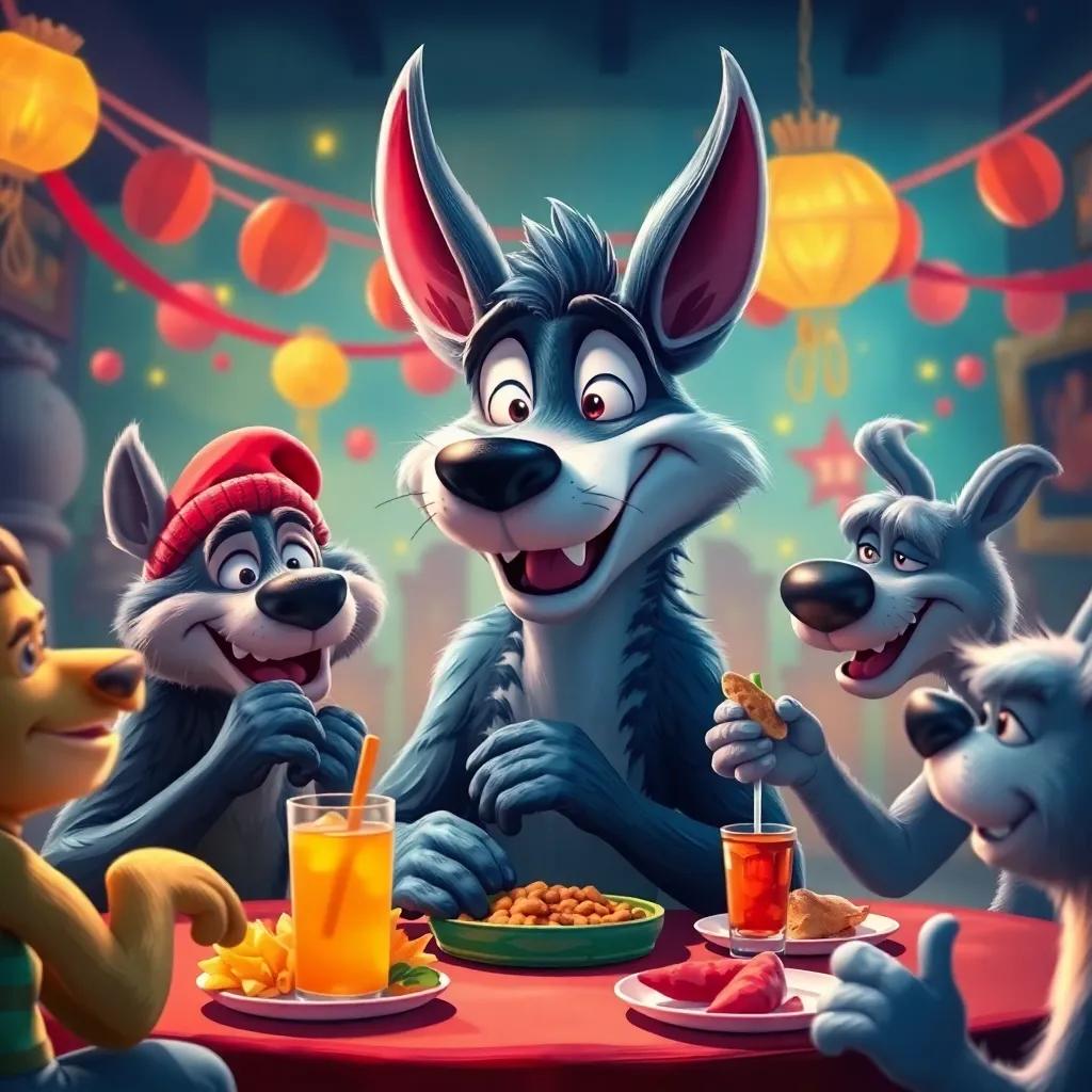 Lucho, el lobo, disfrutando de una fiesta con los granjeros, comiendo y riendo, con un ambiente festivo y decoraciones alegres, digital painting, vibrant colors, warm and friendly atmosphere